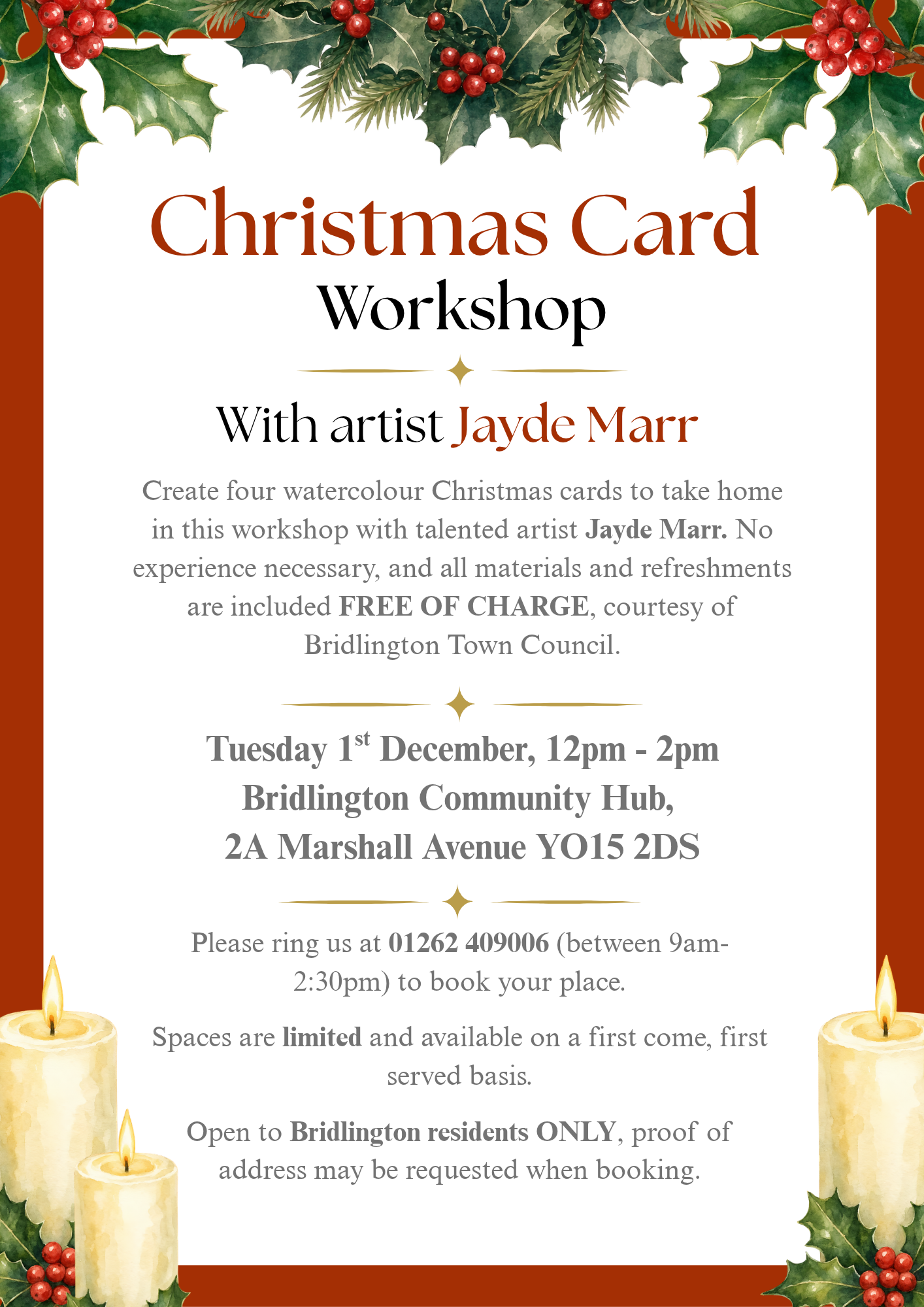Photo of A poster containing information about a watercolour Christmas Card workshop taking place at Bridlington Community Hub.